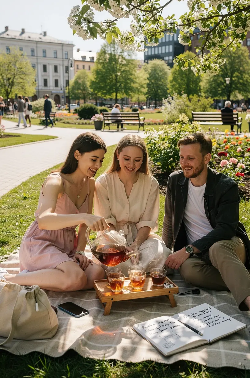 Organizuotas darbo stalas su arbatos puodeliu, planuotoju ir ramybės palaikymo užrašais.