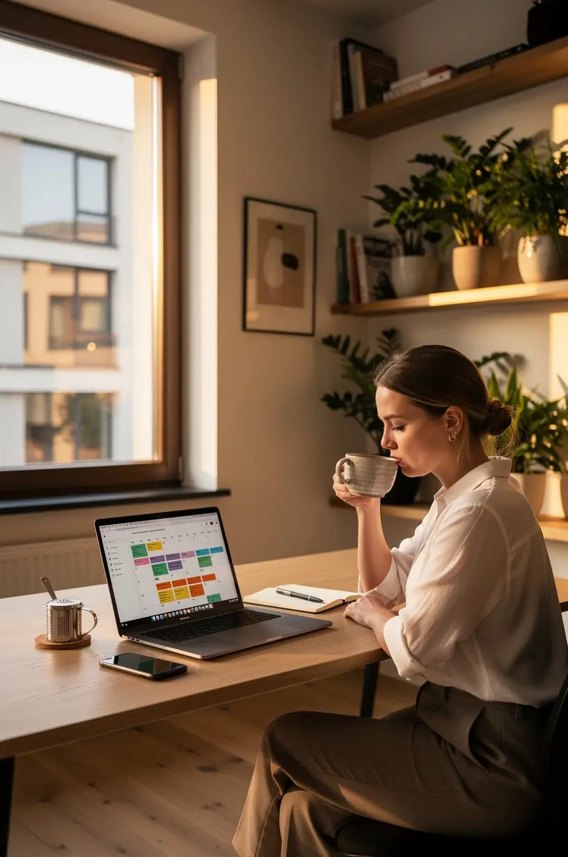 Šiltas arbatos garas kylantis iš keraminio puodelio, fone matyti minimalistinė interjero detalė.