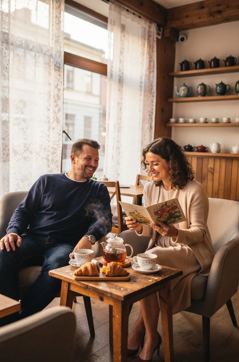 Ramus arbatos puodelis ant medinio stalo šalia atversto dienoraščio ir rašiklio.